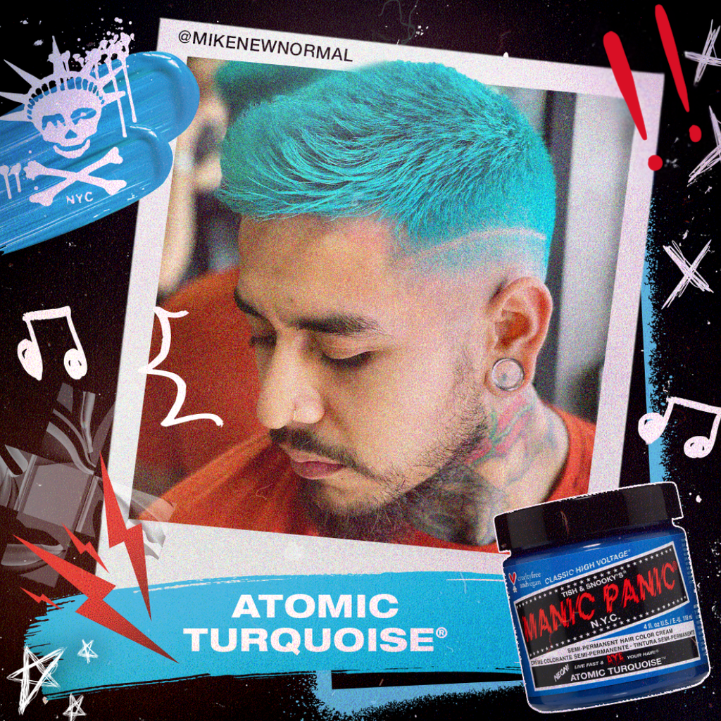 Person with teal hair and Manic Panic Atomic Turquoise hair product