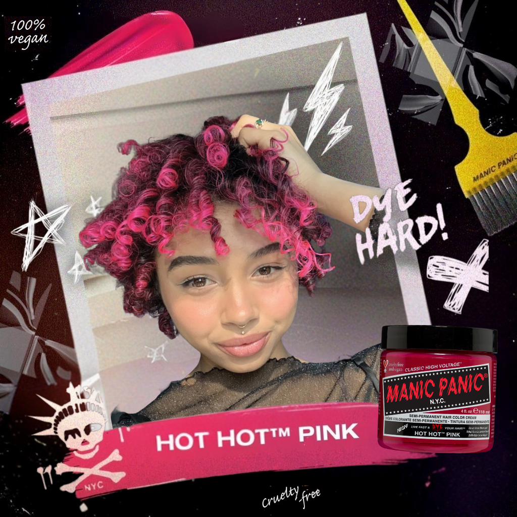 Person with pink hair and Manic Panic Hot Hot Pink hair dye packaging on a dark background