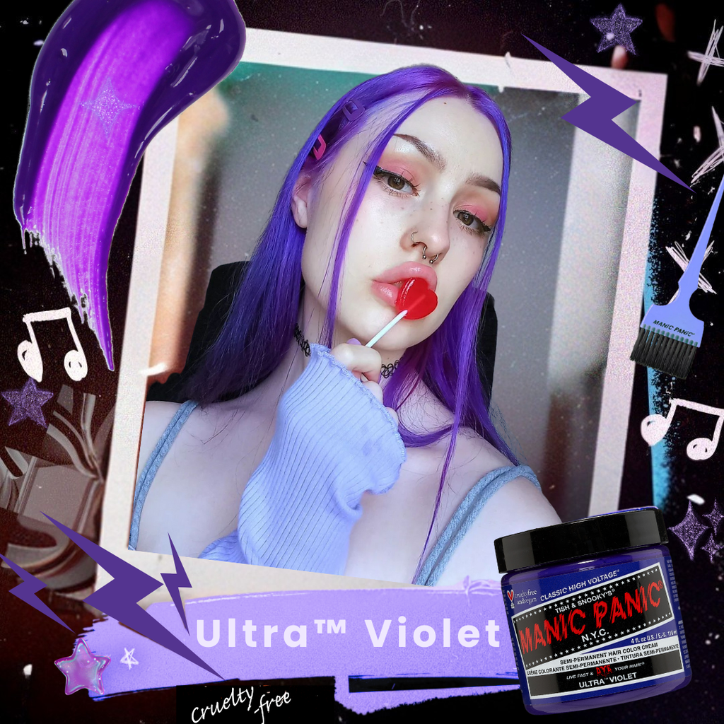 Person with purple hair and a jar of Manic Panic Ultra Violet hair dye.