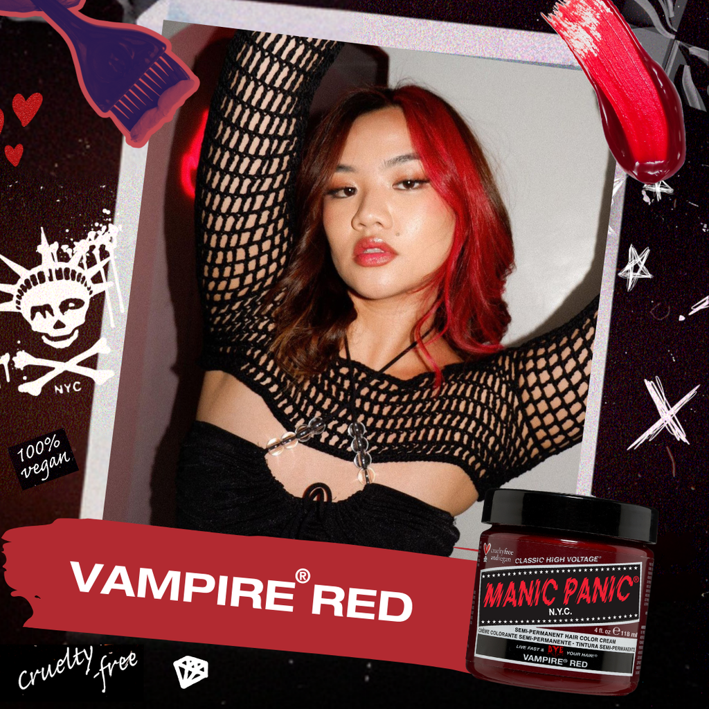 Person with red hair and black fishnet top, Manic Panic Vampire Red hair dye packaging.
