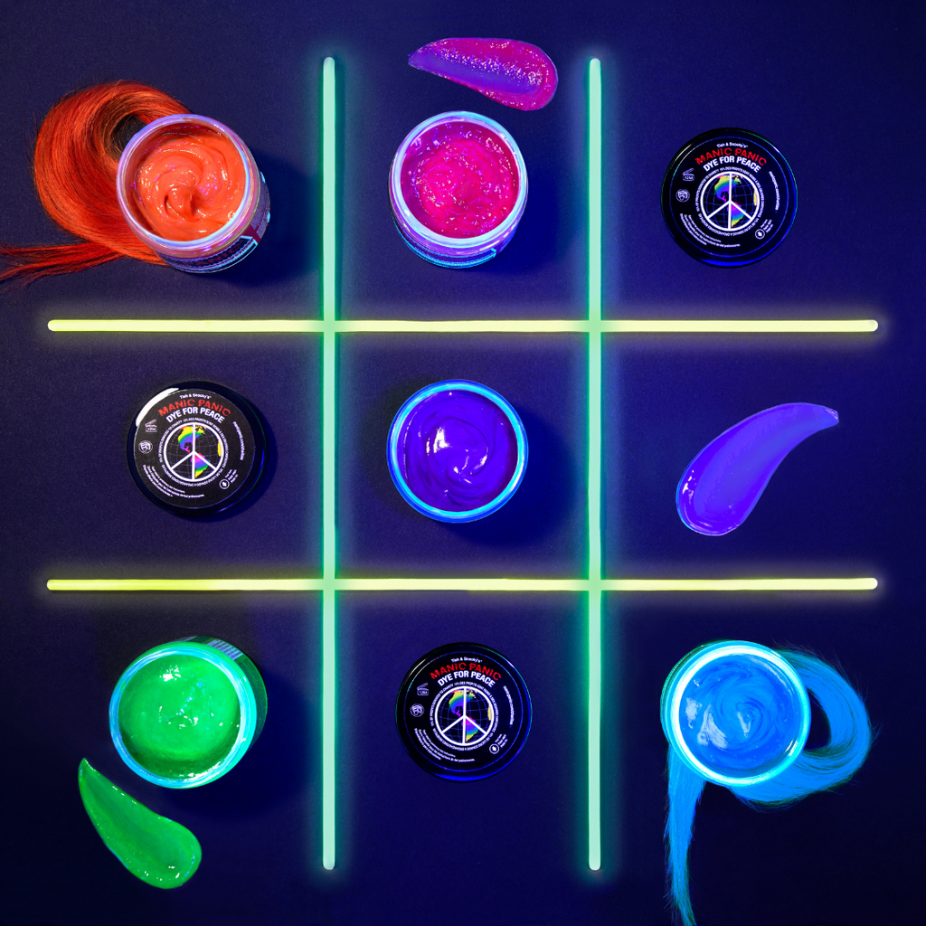 Manic Panic Neon Hair dye that glows uinder a blaklight arranged in a neon tic tac toe 