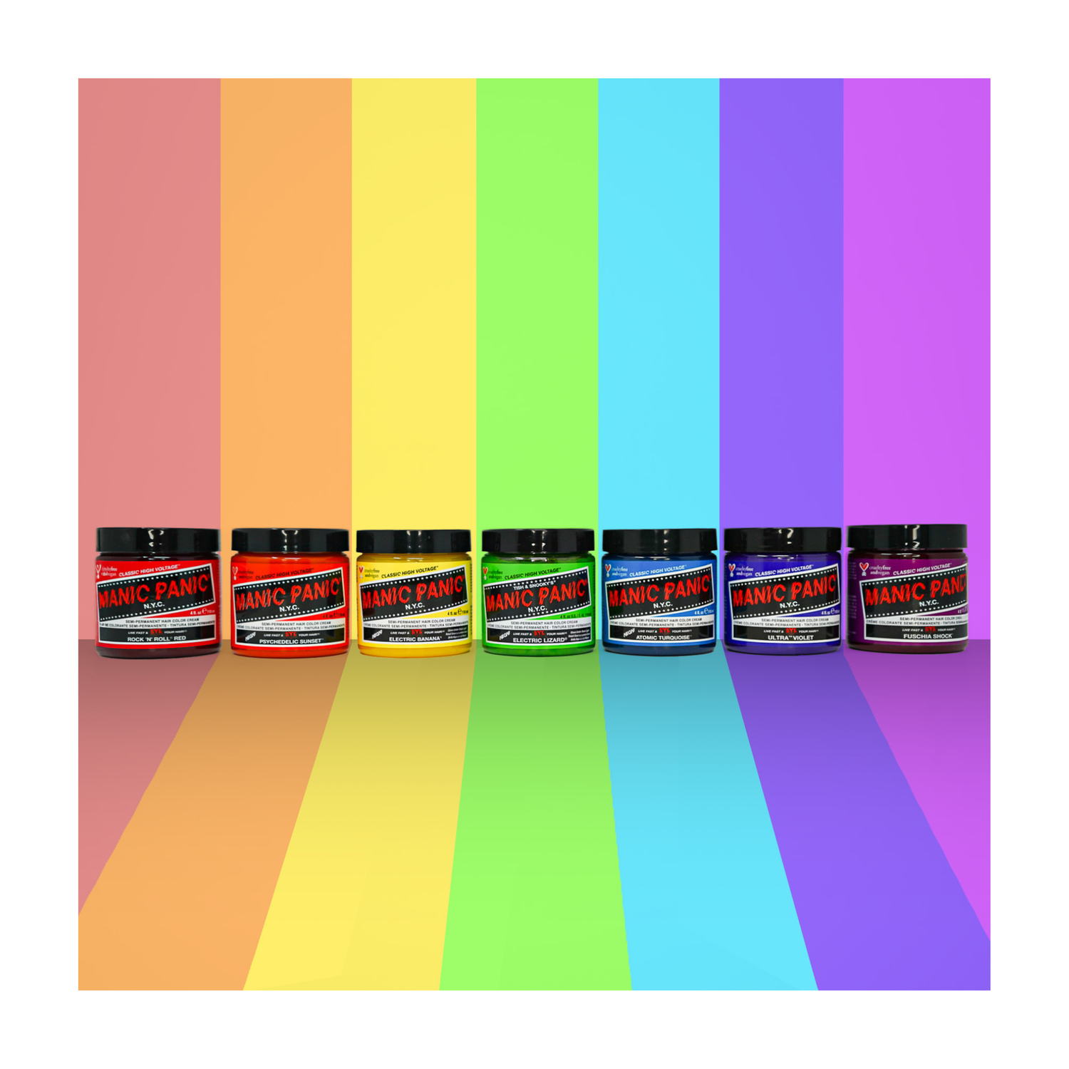 Set of colorful jars labeled 'Manic Panic' on a rainbow-colored background