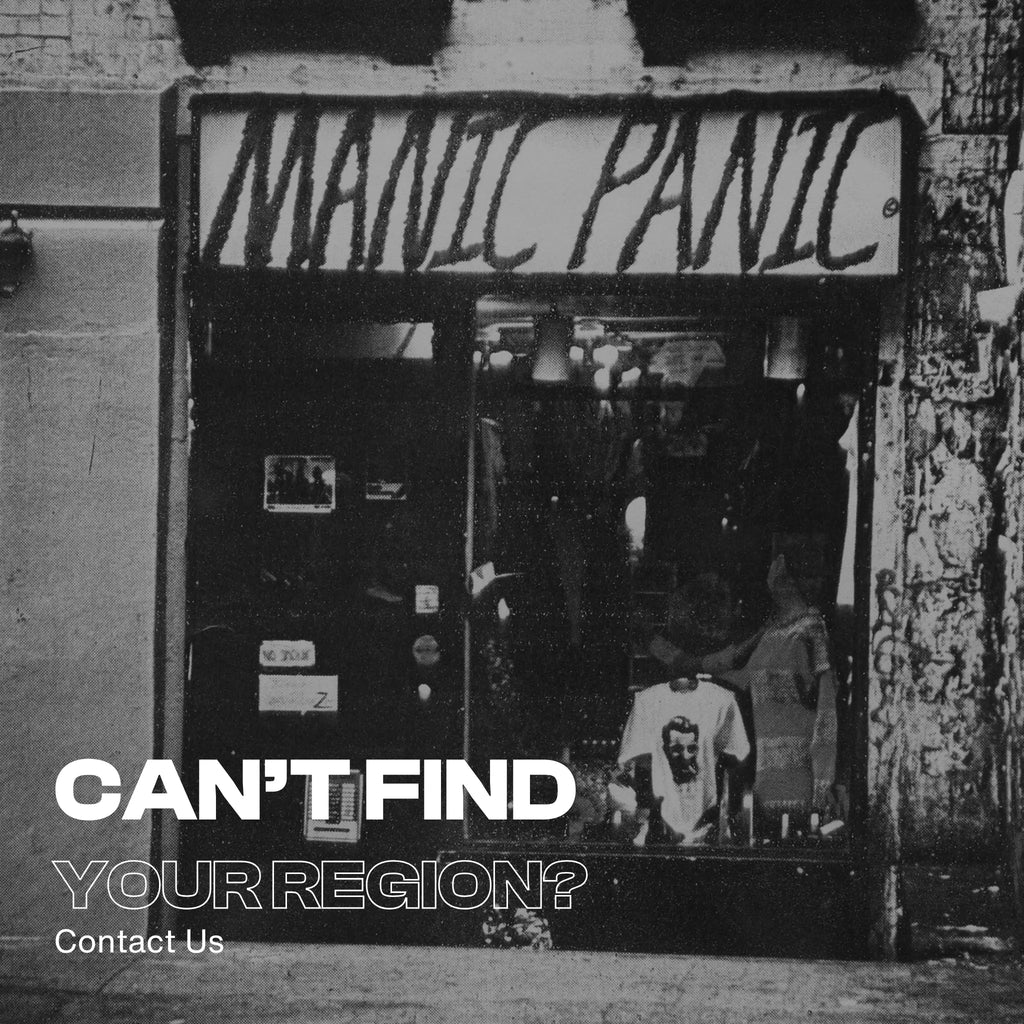Black and white image of a store front with 'Manic Panic' sign and text 'Can't Find Your Region? Contact Us'.