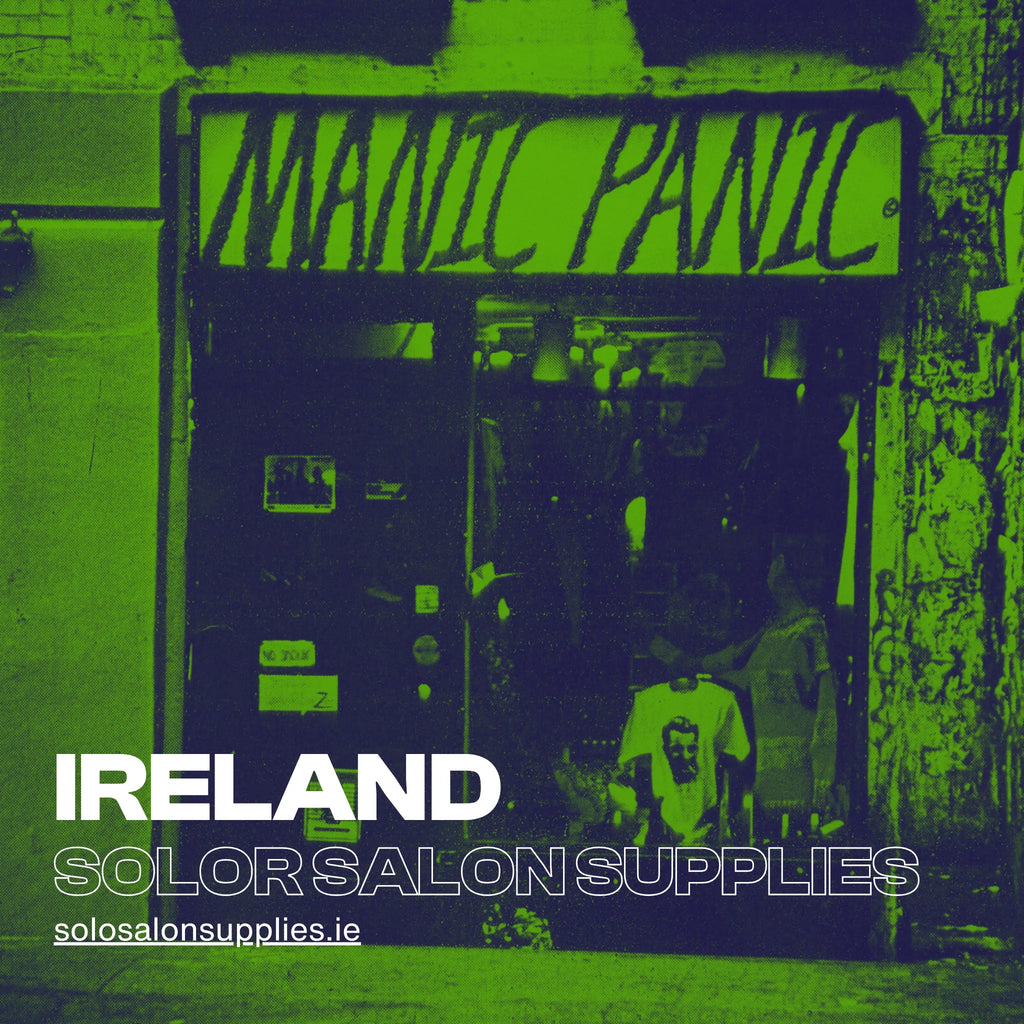 Manic Panic sign with people walking by on a green and black background fetauring text for Ireland Distributor for manic Panic 