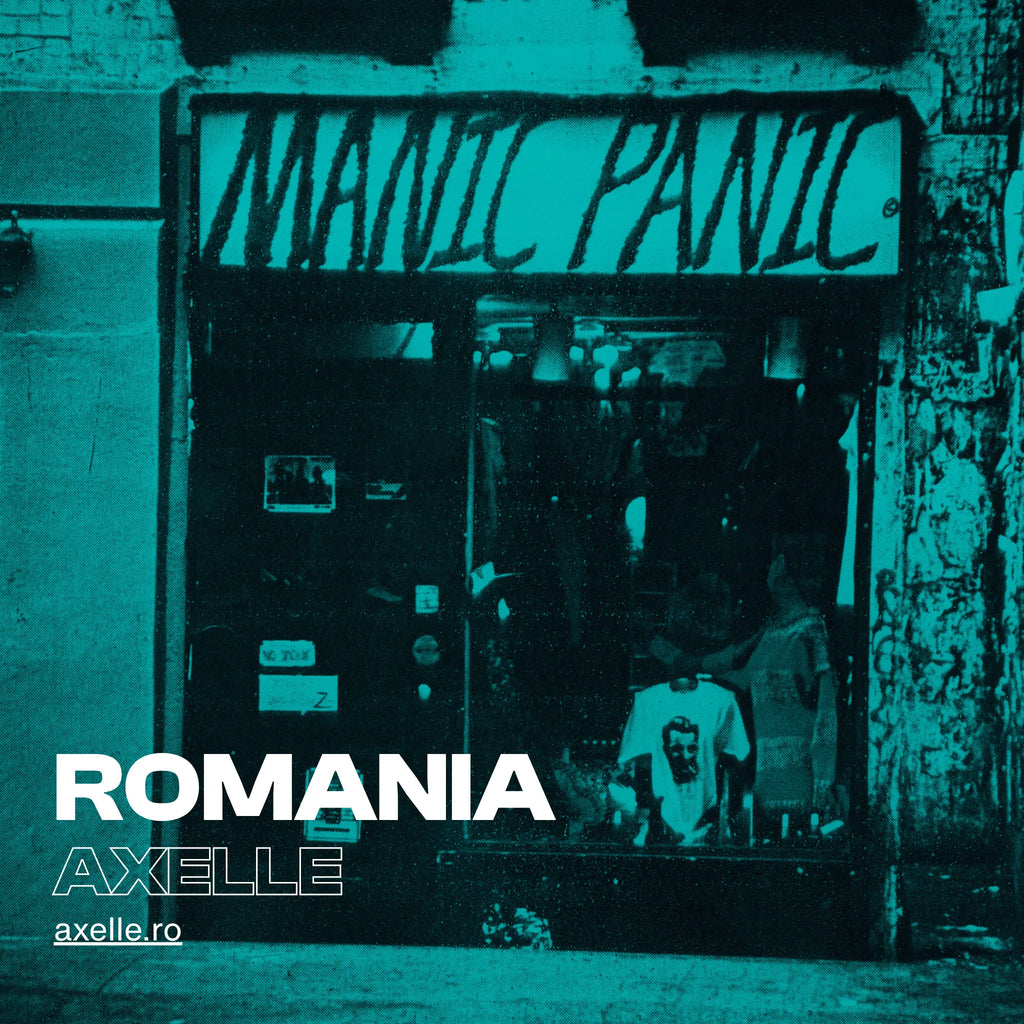 Store Front  'Manic Panic' and 'Romania' text, featuring a store front with people inside.