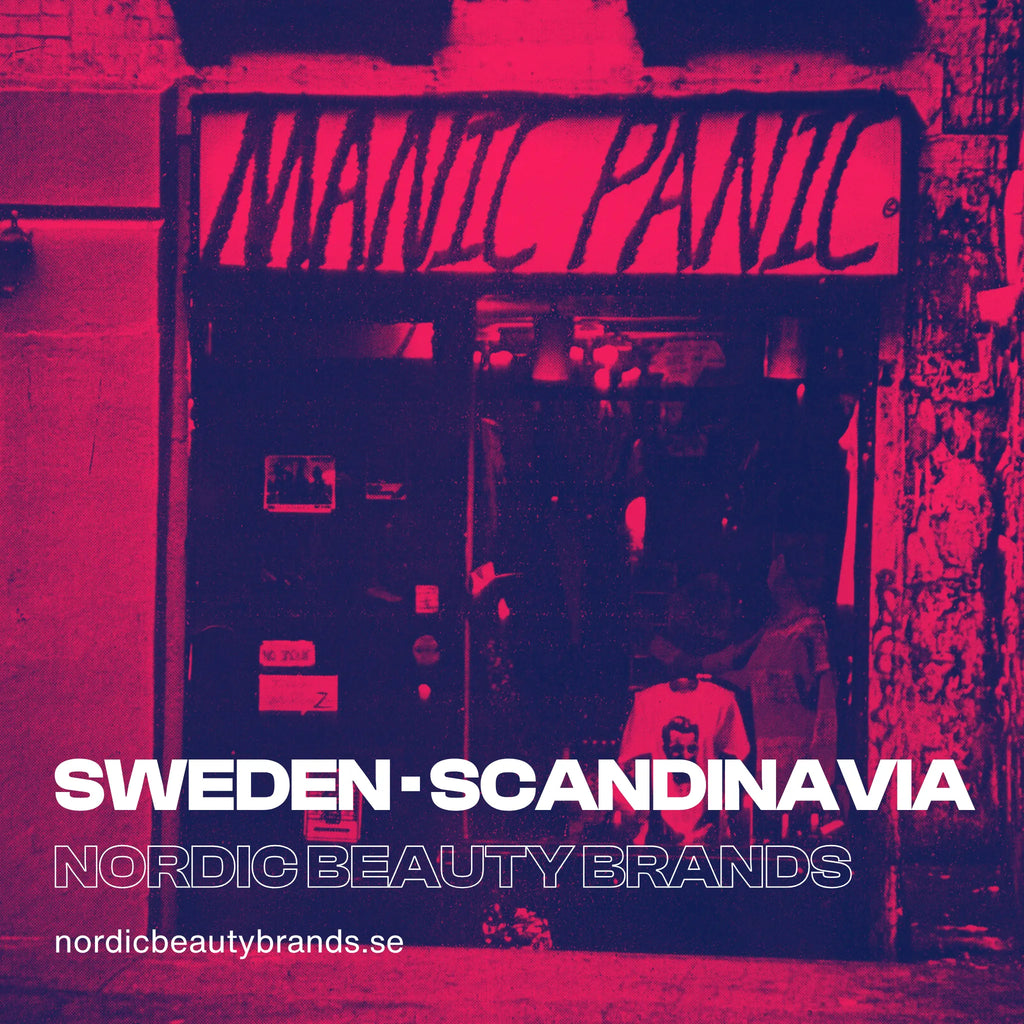 Manic Panic store entrance with 'Sweden Scandinavia' and 'Nordic Beauty Brands' text overlay.