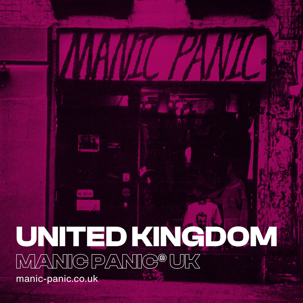 Manic Panic store entrance with 'United Kingdom' and 'Manic Panic UK' text on a pink filter.